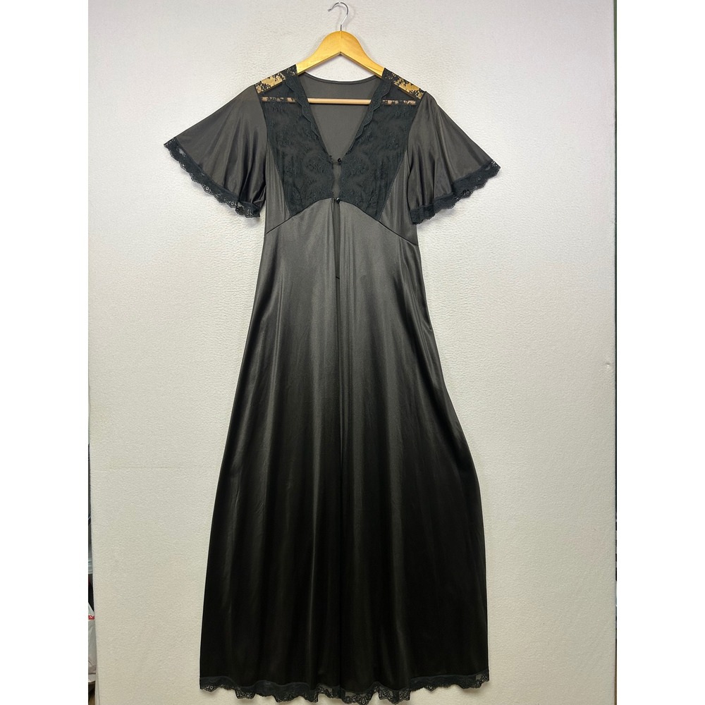 Vintage Gothic Pinehurst Lingerie Womens Medium Black Lace Maxi Nightgown 3702